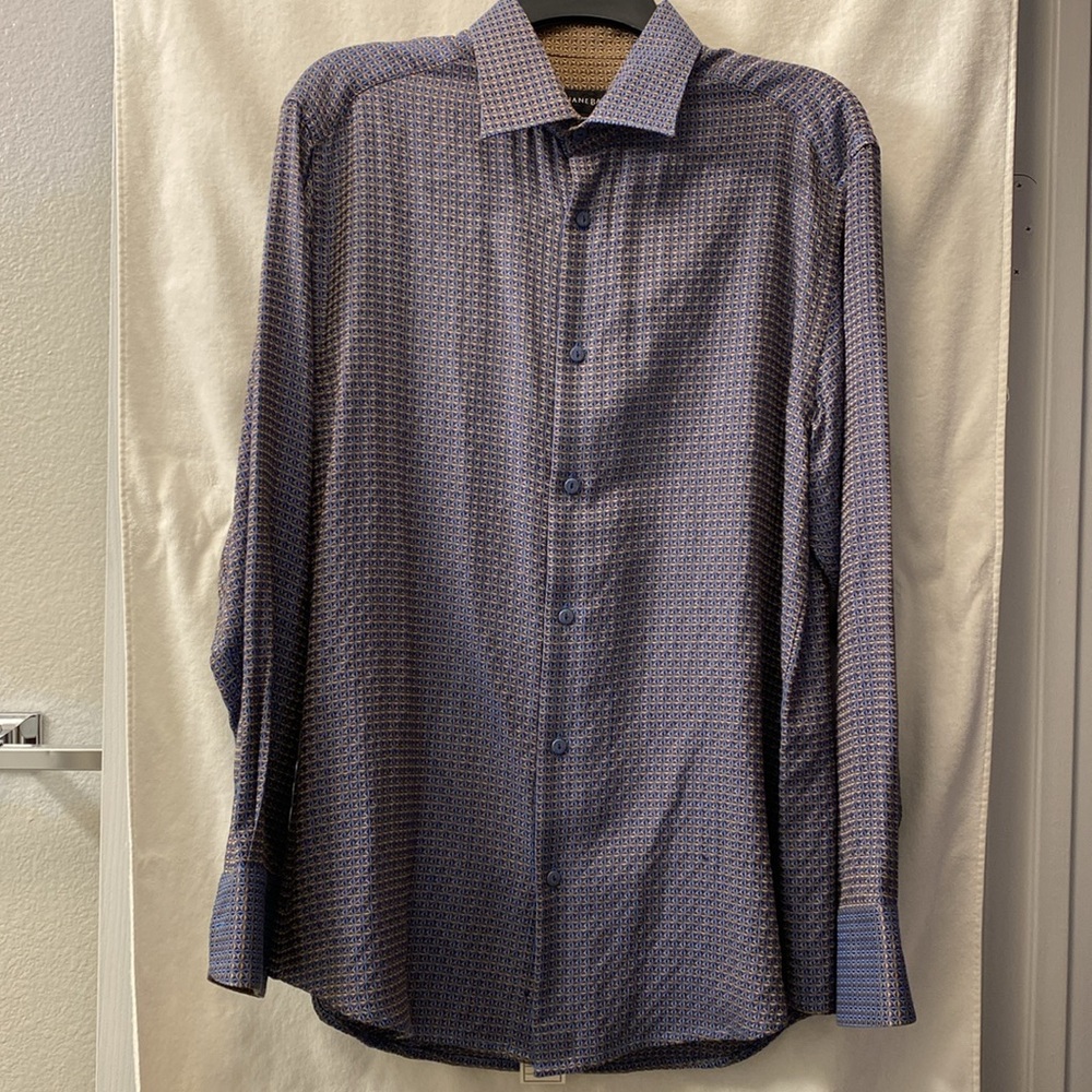 Men's Jhane Barnes Blue Starburst Patterned Silk+Cotton Button-Down Shirt